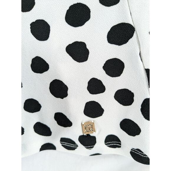 Anne Klein Polka Dot Print Blouse Medium Black White‎ Front Tie Top Short Sleeve - Picture 4 of 11